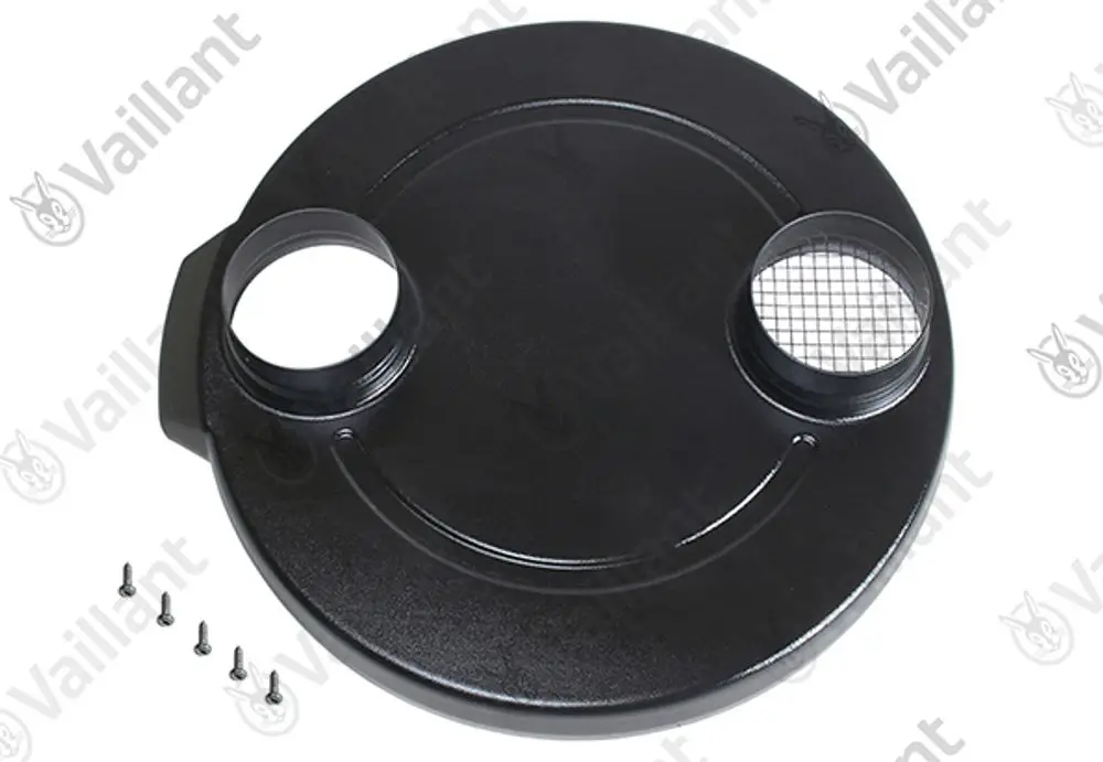 Schwarzer Deckel mit zwei Öffnungen und einem Gitterelement, geeignet für Vaillant Produkte. Enthalten sind mehrere Schrauben zur Befestigung.
